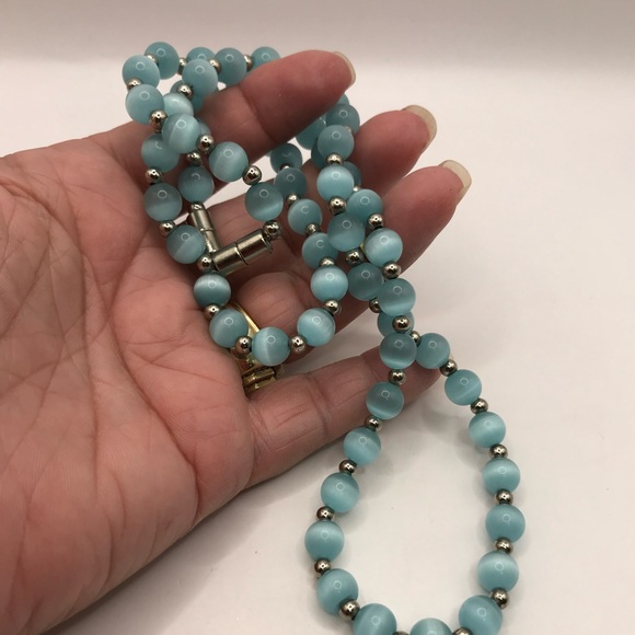 Light Blue Glass Cats Eye Bead Necklace & Bracelet Set - Picture 7 of 8